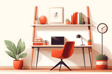 interior design basic work desk, desk for making homeoffice, illustrated interior design  home dessk, home office workstation vintage style illustration