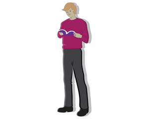 vector design cartoon illustration of a man in a reddish purple shirt with black trousers standing while reading a book
