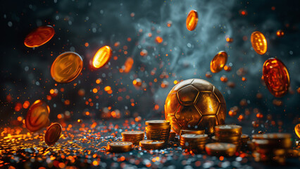 golden soccer ball on with con stack in soccer stadium. ready for win in online casino - game in the midfield.