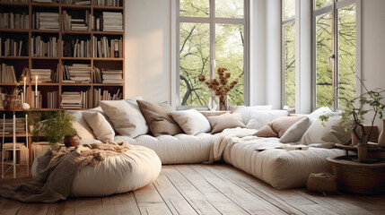 A cozy corner of a living room furnished with a plush white bean bag chr and a low wooden table, scattered with floor cushions and surrounded by floor-to-ceiling bookshelves, creating a casual space 