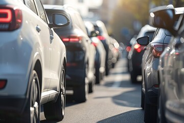 Fototapeta premium Efficient assembly line of modern cars in a bustling factory, showcasing mass production process