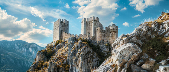 Castle from medieval times built on cliff edge, overlooking the rugged landscape, with dramatic...
