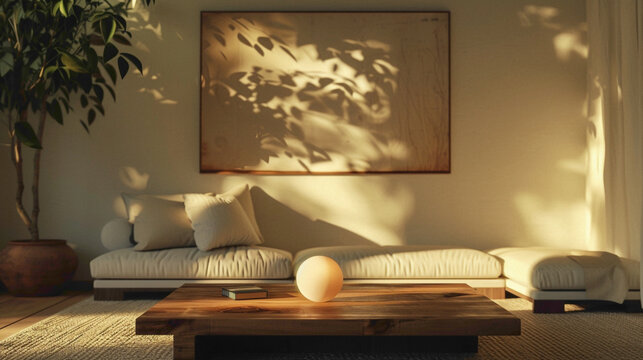 A cozy living room with a sleek, minimalist design A large mock-up poster hangs on the wall, commanding attention The wooden coffee table is adorned with a fashionable ball lamp, casting a warm glow