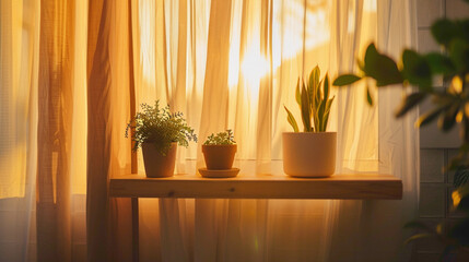 A cozy modern living room with a sleek wood floating shelf adorned with potted plants and elegant decor, basking in the warm glow of natural light filtering through sheer curtns