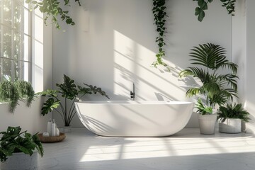 minimal white bathroom interior design with bathtub and green plants