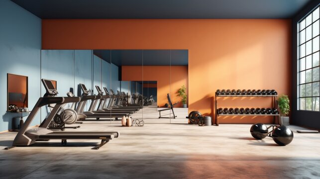 A gym filled with a row of exercise equipment, with people sweating and working out
