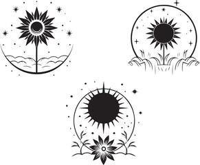 Sun graphics symbols astrology tarot cute cartoon coloring tattoo set separately on a white background stars space boho horoscope