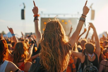 The photo shows a crowd of people with their hands raised in the air at a concert or festival.
