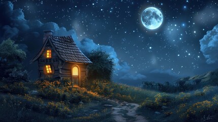 cartoon illustration of a view of a remote house at night. AI generated