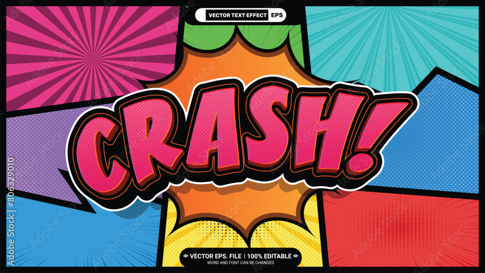 Poster crash editable 3d pop art style vector text effect with commic book backdrop illustration