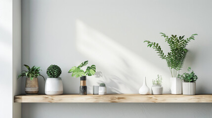 A curated living space with a focus on a chic wood floating shelf, displaying a mix of minimalist decor and greenery, agnst a backdrop of muted tones and clean lines, evoking a sense of 