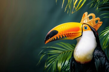 Obraz premium toucan tropical bird with golden crown on dark green background with lush palm tree leaves copy space left