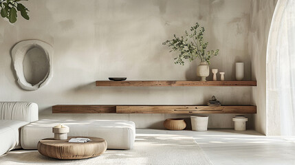 A curated living space with a focus on a chic wood floating shelf, displaying a mix of minimalist decor and greenery, agnst a backdrop of muted tones and clean lines, evoking a sense o