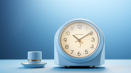 A blue clock peacefully ticking beside a cup on a table