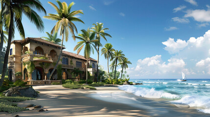 Fototapeta premium A luxurious beachfront villa with palm trees swaying in the breeze and the sound of waves crashing nearby