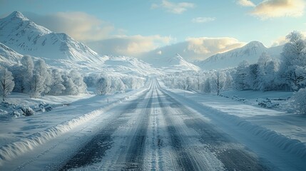 snowy road advertisement with mountain
