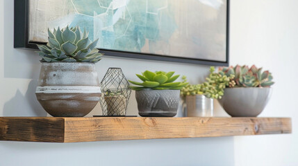 A minimalist living room design with a wood floating shelf highlighting a collection of succulents and geometric art