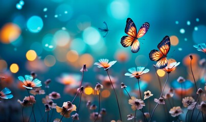 floral arrangement with butterflies, blue bokeh background, atmosphere of magic, beautiful art, greeting cards, print, wallpaper