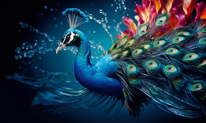 Fototapeta premium Vibrant peacock displaying its dazzling plumage while surrounded by dynamic water splashes against a vivid backdrop of colorful flowers, exemplifying nature's exquisite beauty and elegance