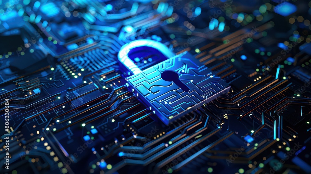 Poster close-up visualization of a secure digital lock on an electronic blue circuit board with glowing cir