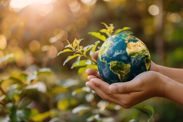 hands holding small planet earth on plant background, concept of life care on earth and nature protection, earth day banner, environment day wallpaper