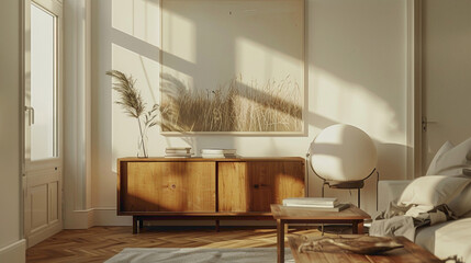 A modern living room featuring chic decor elements A large mock-up poster dominates one wall, adding character to the space A wooden coffee table stands in the center, complemented by a styl