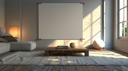 A modern living room featuring chic decor elements A large mock-up poster dominates one wall,...