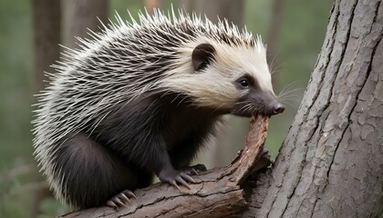A Porcupine Nibbling On Bark From A Tree