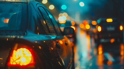 A car driving down a rainy street.