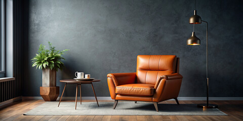 Modern Interior With Orange Colored Leather Armchair, Sconce, Coffee Table, And Gray Wall.

