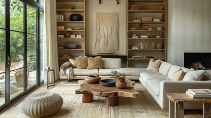 A modern living room with a nod to organic elements, centered around a sleek wood floating shelf adorned with botanical prints and natural accents, harmonizing with the contemporary furnishings