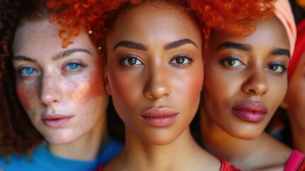 Three women of different ethnicities posing close together, showcasing their diverse beauty - Powered by Adobe