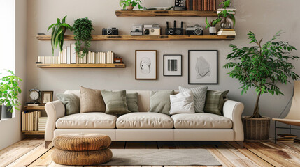 A modern living room with a wood floating shelf adorned with vintage cameras and antique books
