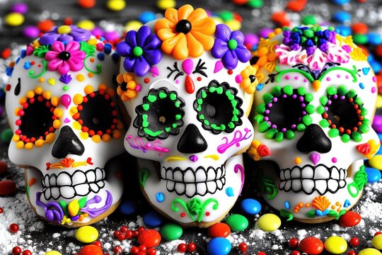 Display of decorative calaveras, richly adorned with vibrant patterns and colors, celebrating Mexican heritage.