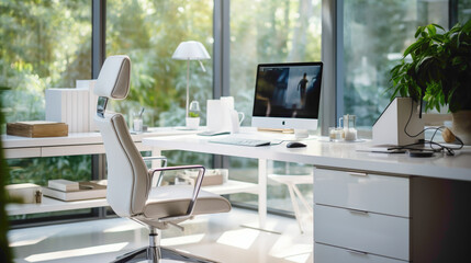 A modern office space with a sleek white task chr and a minimalist desk, adorned with tech gadgets and organizational accessories, facilitating a streamlined workflow