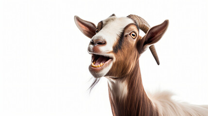 Portrait of a goat showing tongue isolated on white