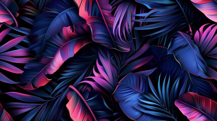 Blue and Purple Palm Leaves on a Black Background