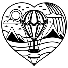 Black and White Line Art of a Heart-Shaped Balloon Drifting in the Sky