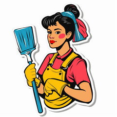 Cleaning woman, bright sticker on a white background