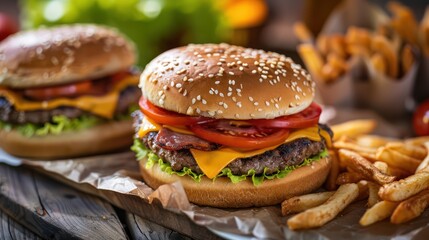 A classic cheeseburger with a rich taste accompanied by crispy fries and fresh vegetable sides for a balanced meal