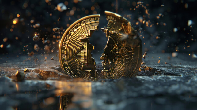 Bitcoin split into two parts on a dark rustic background, 