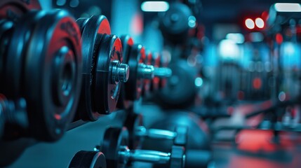 Fototapeta premium Heavy barbells lined up, showcasing potential for strength training and muscle building in a gym