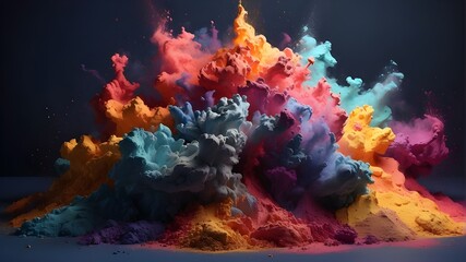 a brilliant eruption of multicolored powder set against a shadowy background. AI generation