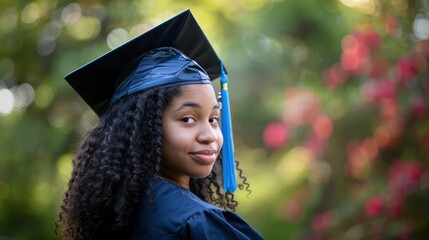 A reflective graduate with a sense of serenity and accomplishment framed against a natural green backdrop