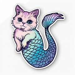 Mermaid cat, bright sticker on a white background