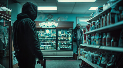 Store robbery. Robbery, crime, violence. Masked man