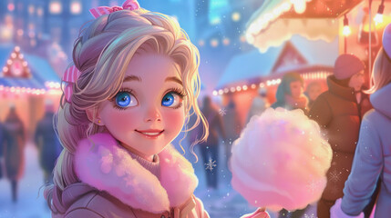 ai generative illustration of a cute blonde girl with big blue eyes with pink cotton candy on a christmas market