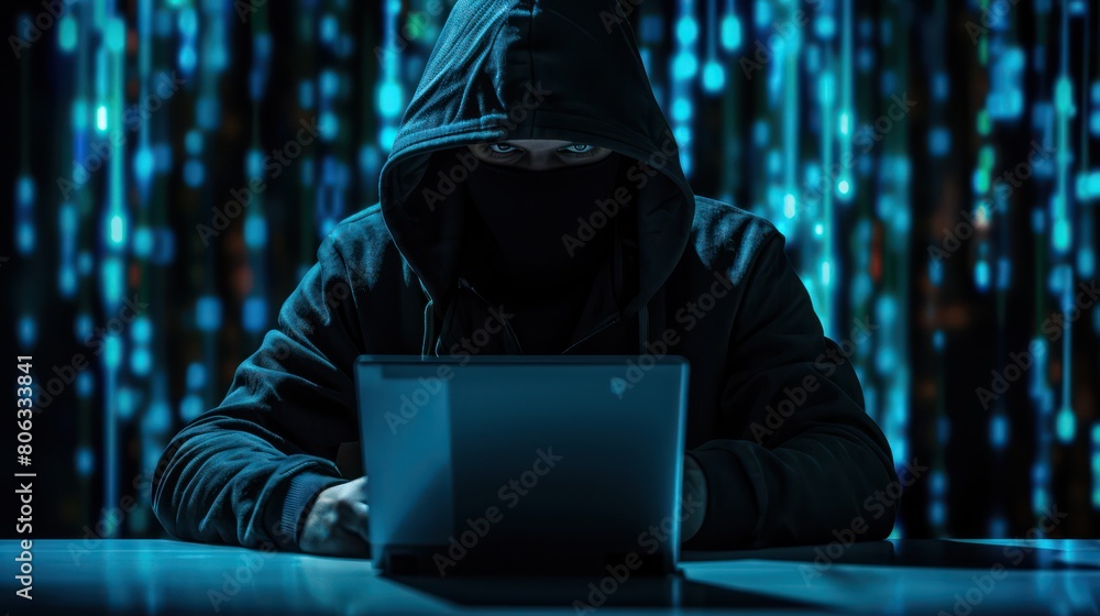 Poster the dark shadow of a hacker is contrasted with the vibrant light streaks representing flowing data i