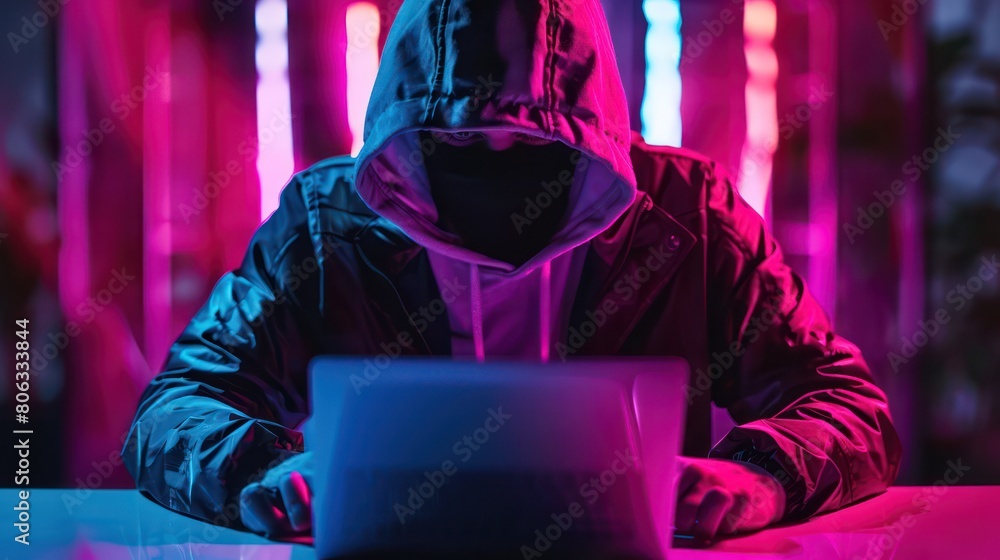 Poster a mysterious hacker is portrayed with intense neon lights creating a cybercrime atmosphere the focus