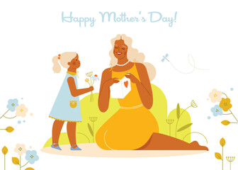 Daughter presenting her mother flowers and greeting card on the Mother's Day. Little girl with mother. Flat vector illustration 